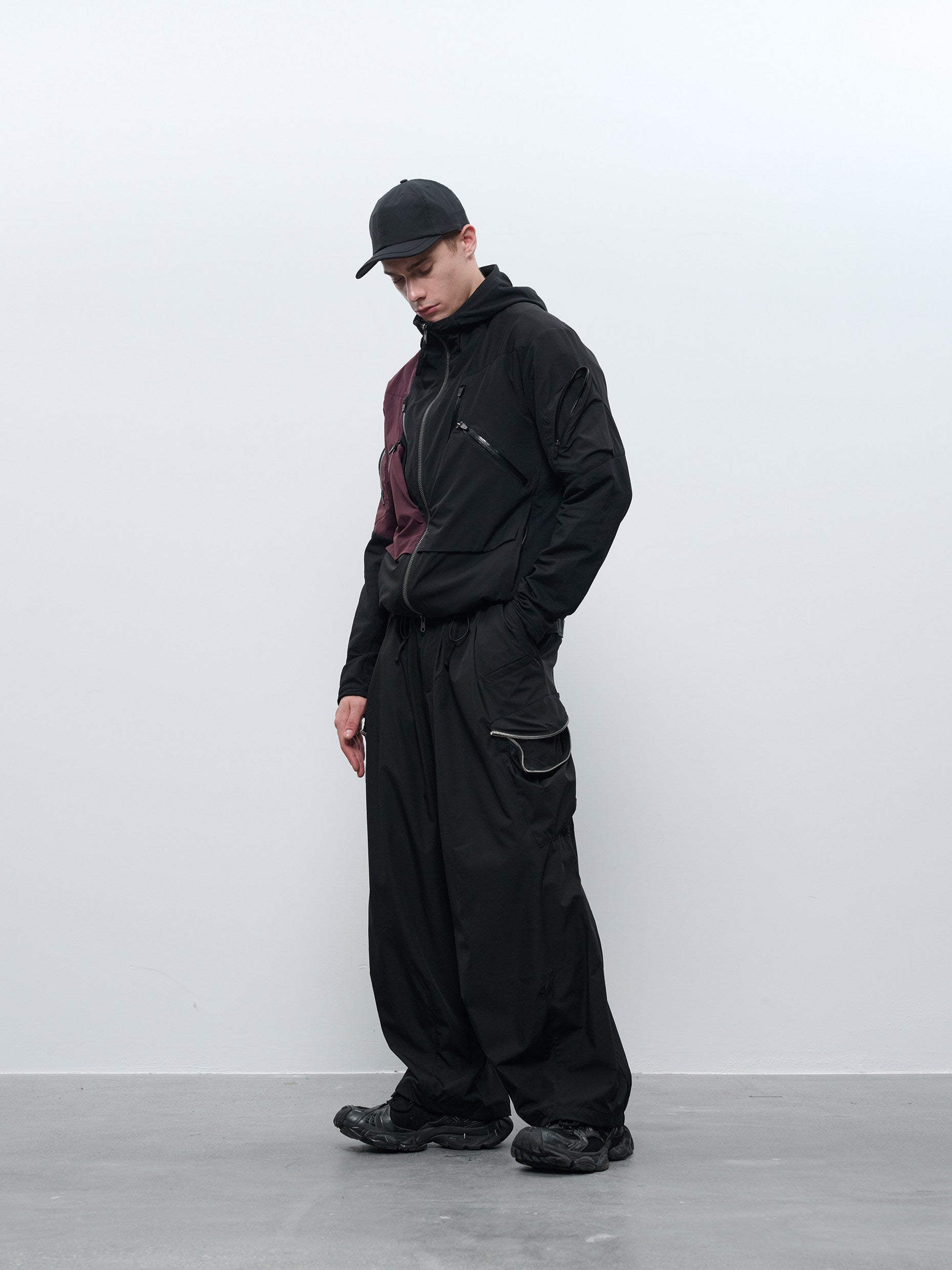 "Dream" Upper Crescent Folding Zipper Pocket Black Nylon Wide-Leg Pants P16E-BK "Erosion Gear"