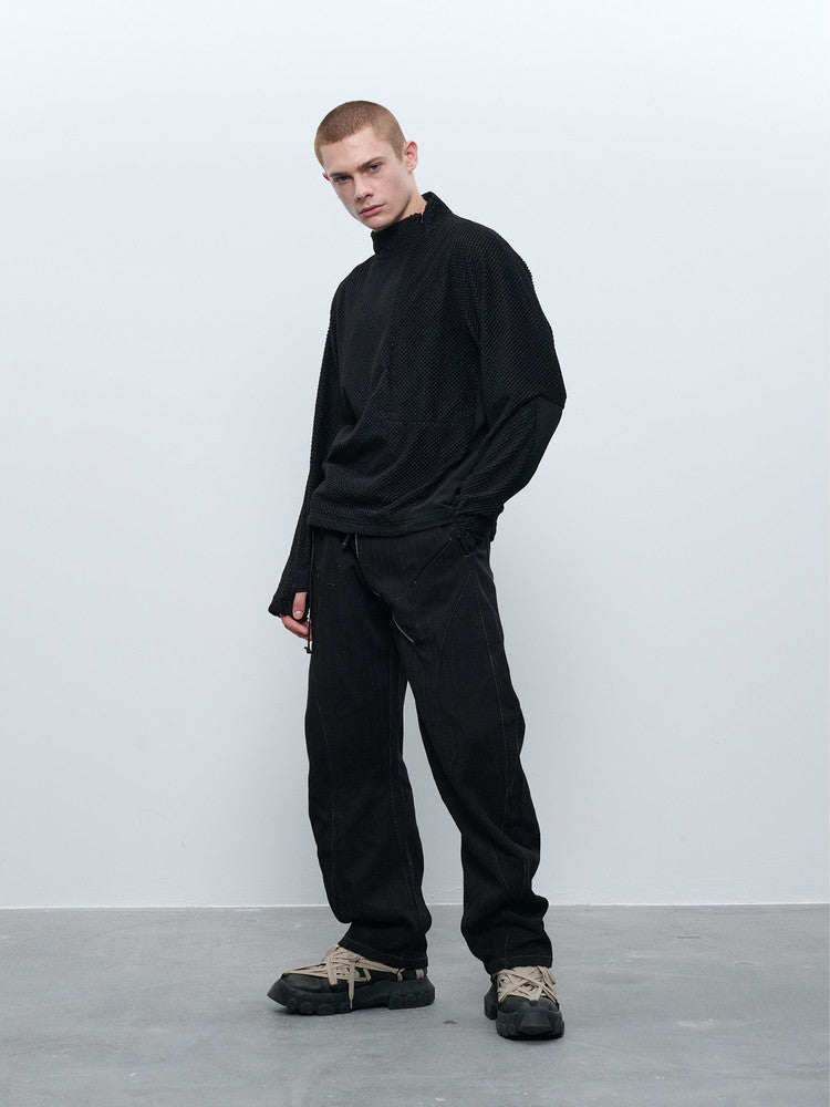 "Surprise Dream" Curved Zipper Cotton-Linen Blend Herringbone Jacquard Pants "Erosion Equipment"