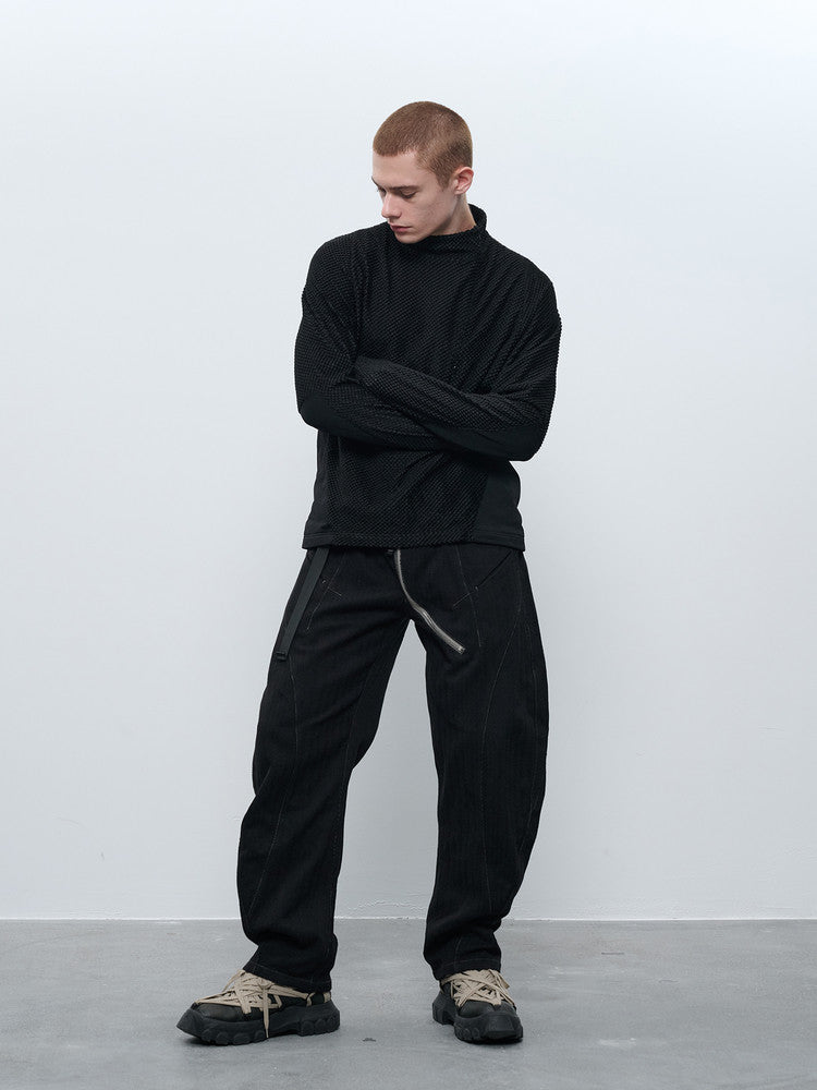"Surprise Dream" Curved Zipper Cotton-Linen Blend Herringbone Jacquard Pants "Erosion Equipment"