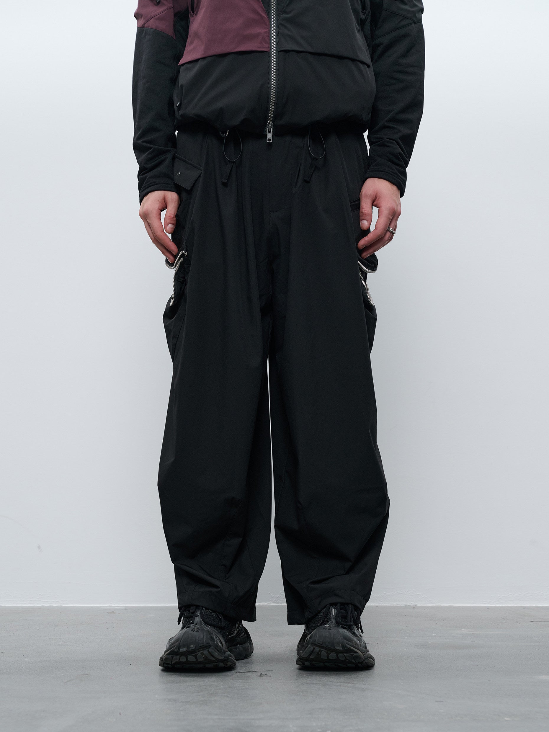 "Dream" Upper Crescent Folding Zipper Pocket Black Nylon Wide-Leg Pants P16E-BK "Erosion Gear"